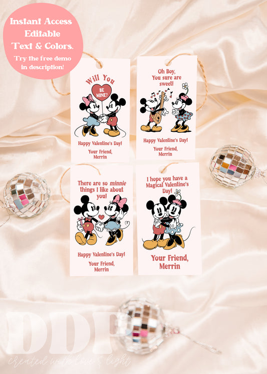 Vintage Mickey Mouse Valentine Cards Bundle | Printable Disney Valentine Gift Tags | Retro Mickey Minnie Printable Favor Tags