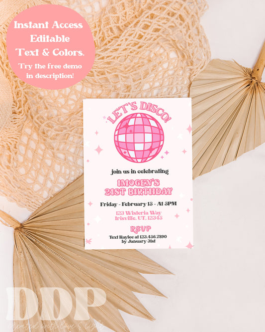 Adult Birthday Let's Disco | Modern Birthday Party Invite | Retro Birthday Invite | 30th Birthday Party | Editable Template | Printable