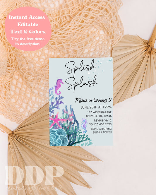 ANY AGE Splish Splash Seahorse Birthday Invite | Seahorse Birthday Invitation | Under the Sea Birthday Party Invite | Instant Download