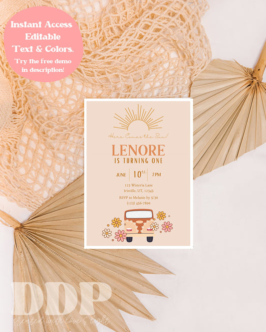 Boho Here Comes the ONE First Birthday Invite | Retro First Birthday Invite | One Groovy Babe Birthday Party Invite | Instant Download