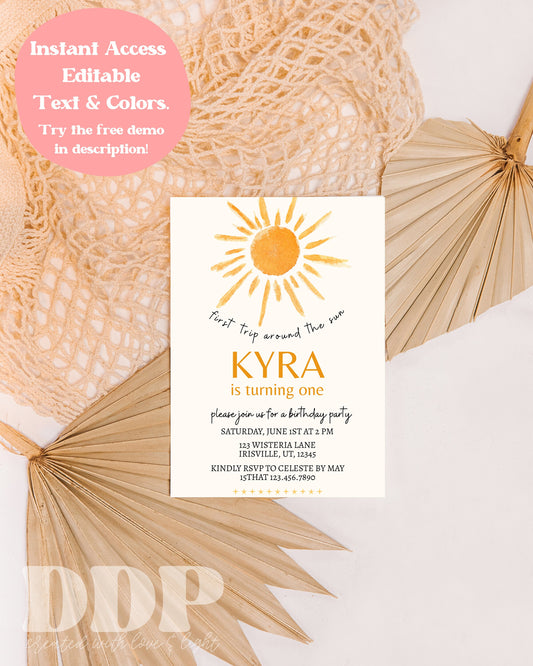 Boho First Trip Around the Sun Birthday Invite | Gender Neutral Birthday Invite | Retro Sunshine Birthday Party Invite | Instant Download