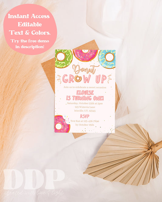 ANY AGE Donut Grow Up Birthday Invitation | Donut Birthday Invite | Donut Themed Birthday Invitation