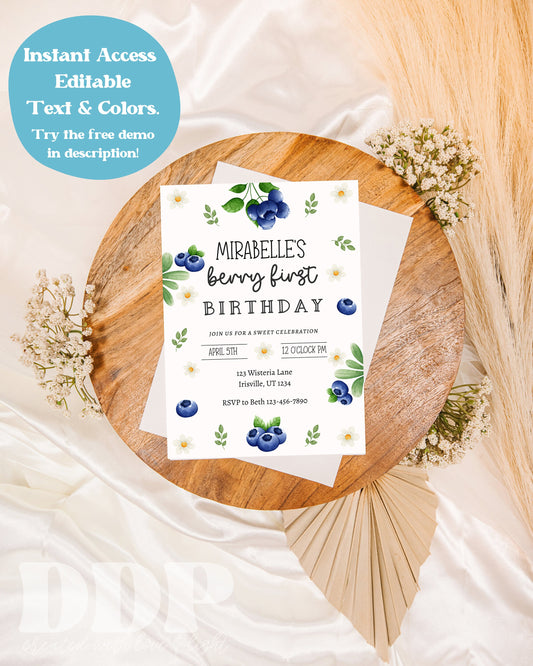 Blueberry First Birthday Party Invitation | Berry First Birthday Invite | Blueberry Birthday Printable Template