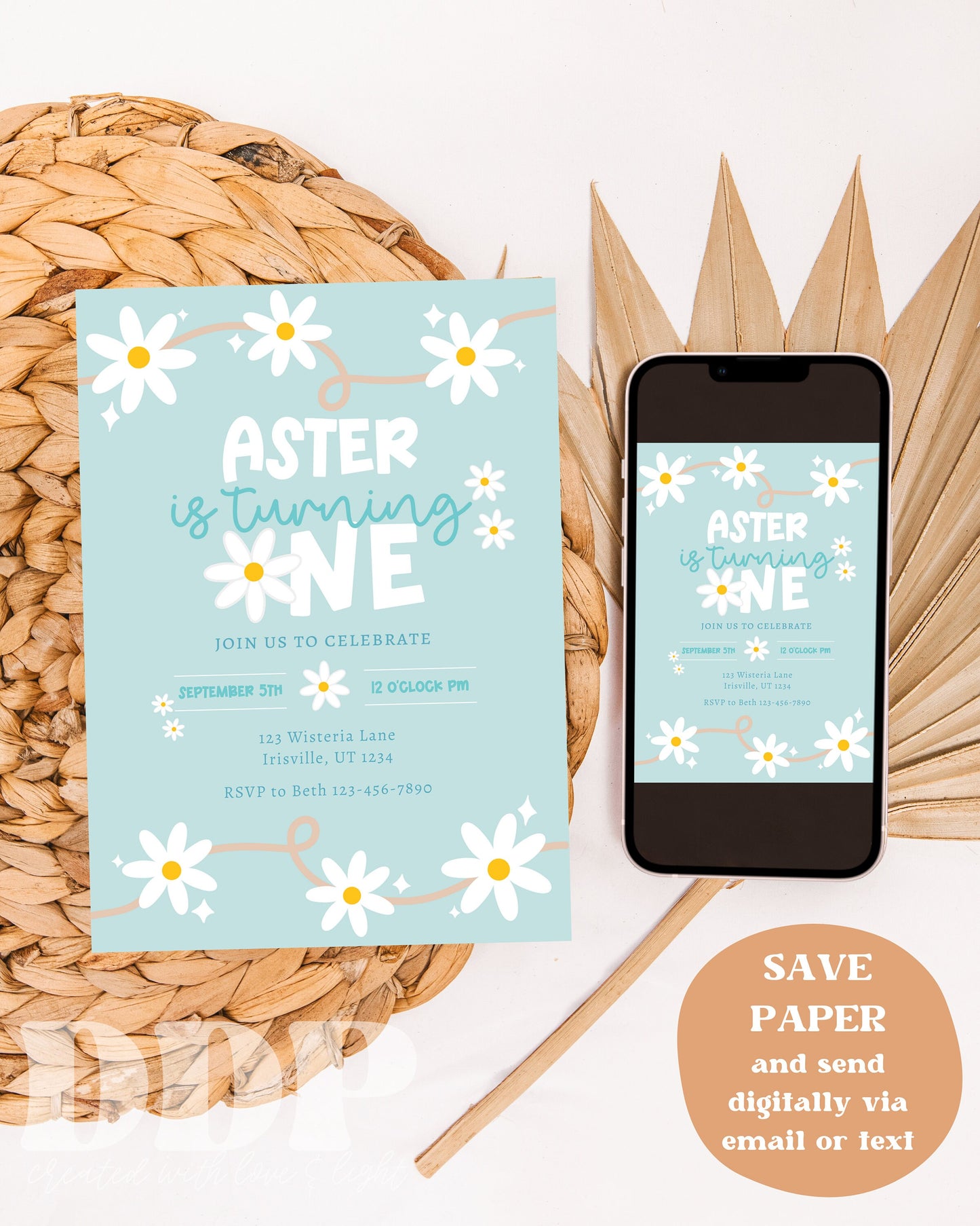 ANY AGE Daisy Chain Blue Birthday Invite | Modern Daisy Birthday Invite | Boho Daisy Birthday Invite | Blue Floral Digital Evite