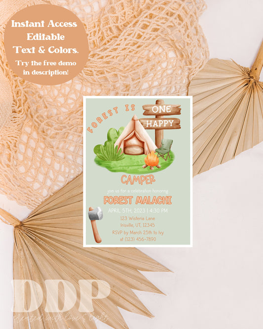 Editable One Happy Camper Birthday Party Invitation | Happy Camper Birthday Invite | Summer Birthday | Spring Birthday Printable Template