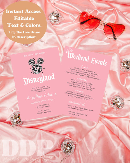 Disco Disneyland Bachelorette Weekend Invitation | Theme Park Bachelorette Party | Amusement Park Girls Weekend Itinerary and Invite