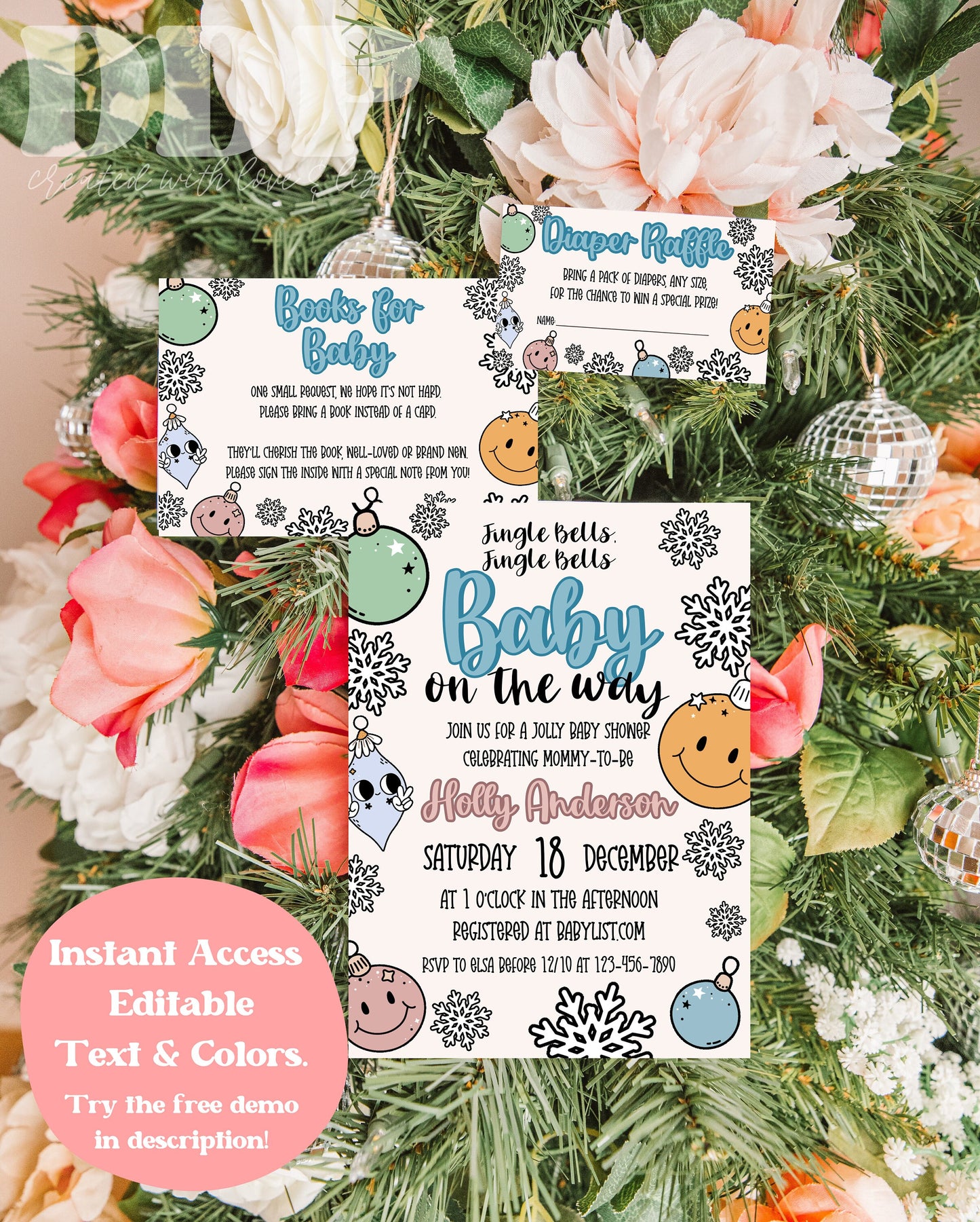 Jingle Bells Baby On The Way Baby Shower Invite Suite | Retro Christmas Baby Shower Invite Bundle | Winter Baby Shower