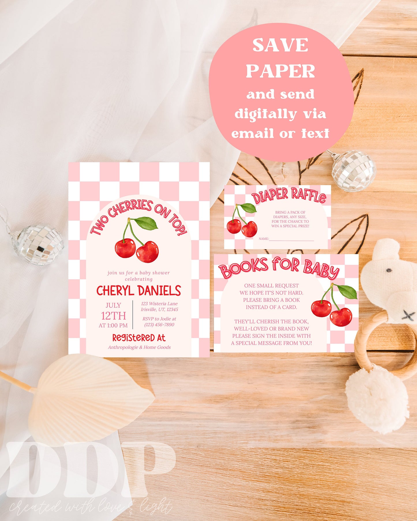 Twin Cherries Pink Baby Shower Invitation Bundle | Cherries Baby Shower Invite | Checkered Baby Shower Invitation | Downloadable Invite