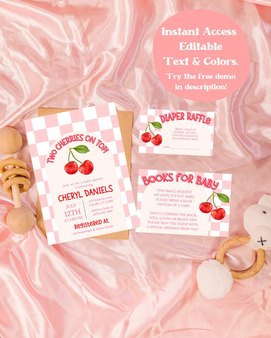 Twin Cherries Pink Baby Shower Invitation Bundle | Cherries Baby Shower Invite | Checkered Baby Shower Invitation | Downloadable Invite