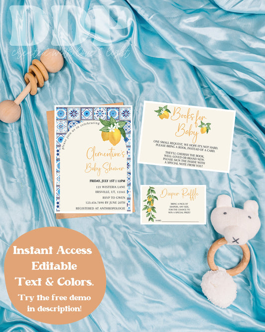 Lemon Amalfi Coast Baby Shower Invitation | Lemon Baby Shower Invite Bundle | Amalfi Lemon Baby Shower | Mamas Main Squeeze Baby Shower