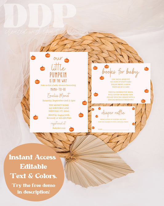 Minimal Pumpkin Baby Shower Invitation Suite | Gender Neutral Fall Baby Shower Invite | Minimalist Halloween Baby Shower | Printable