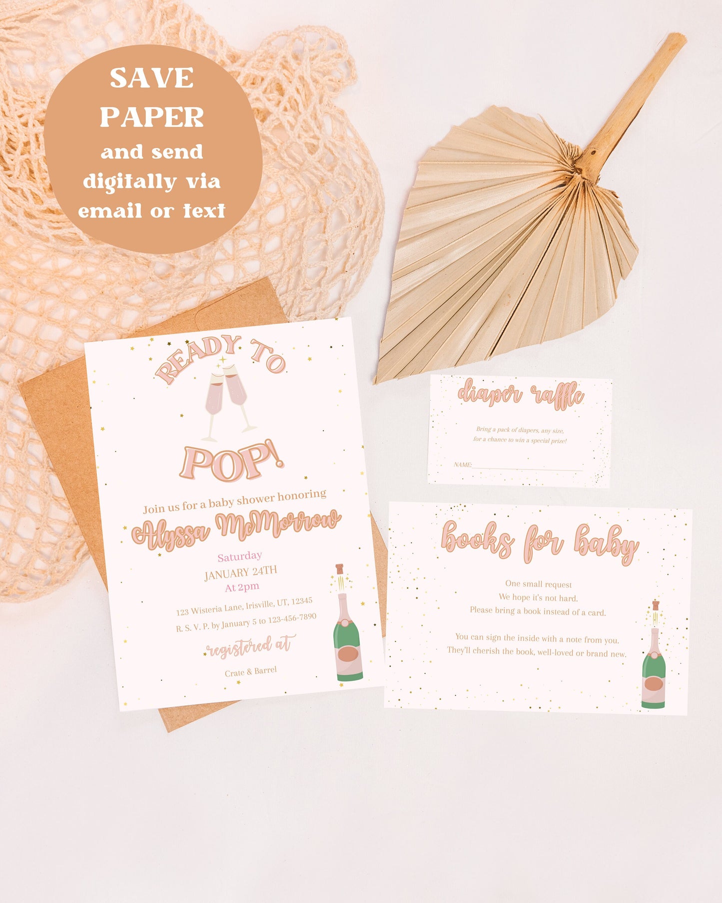 Ready to Pop Beige Baby Shower Invitation Suite | Gender Neutral Baby Shower Invite | Minimalist Baby Shower Suite