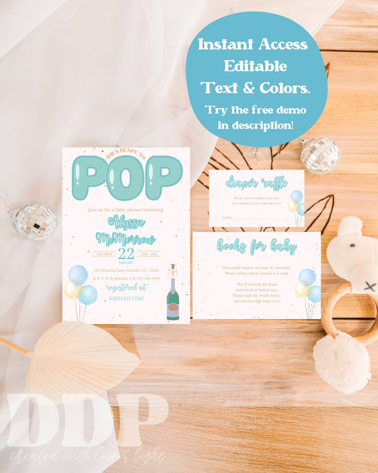 Ready to Pop Blue Baby Shower Invitation Suite | Blue Baby Shower Invite | Minimalist Baby Shower | Twins Baby Shower | Editable Printable