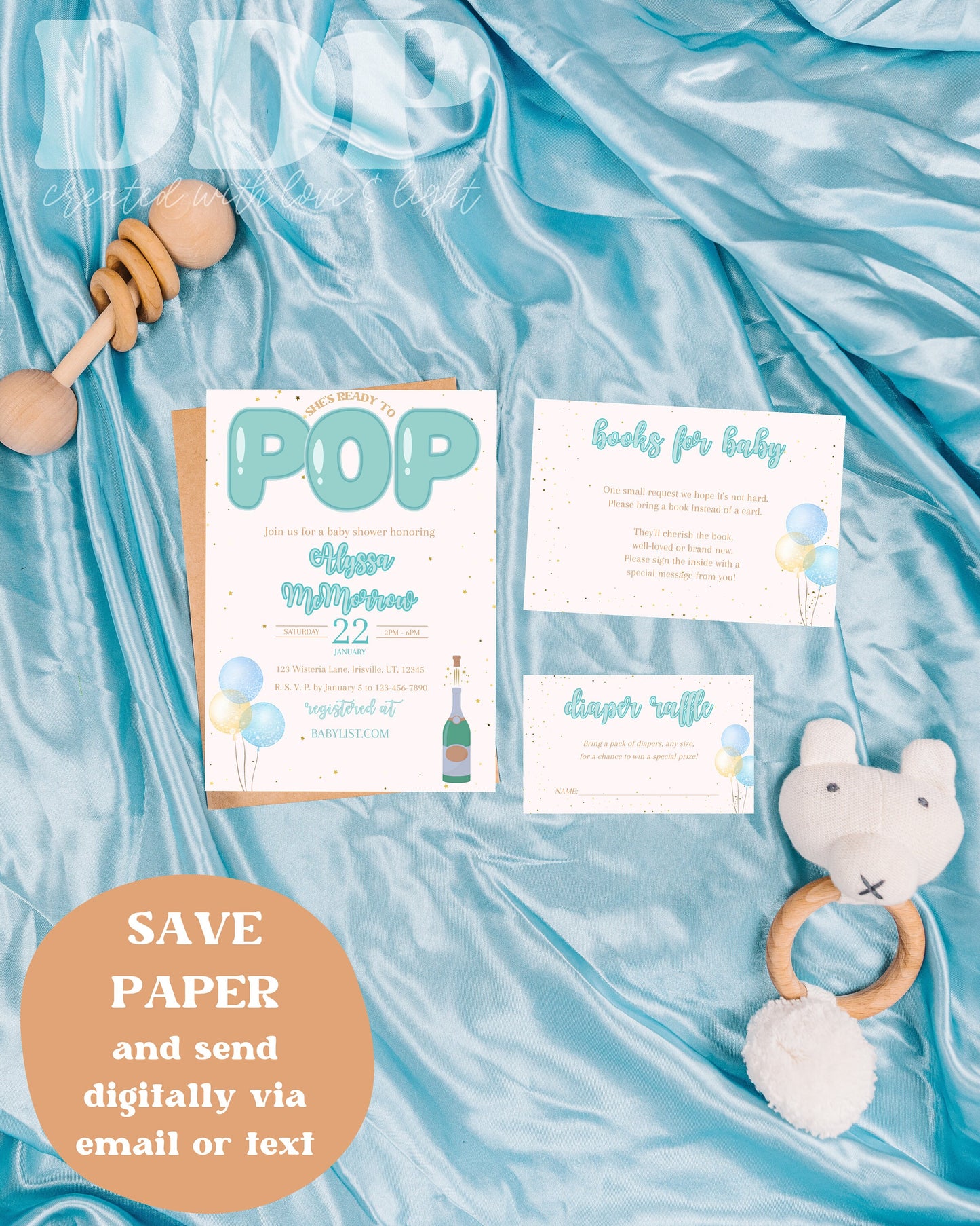 Ready to Pop Blue Baby Shower Invitation Suite | Blue Baby Shower Invite | Minimalist Baby Shower | Twins Baby Shower | Editable Printable