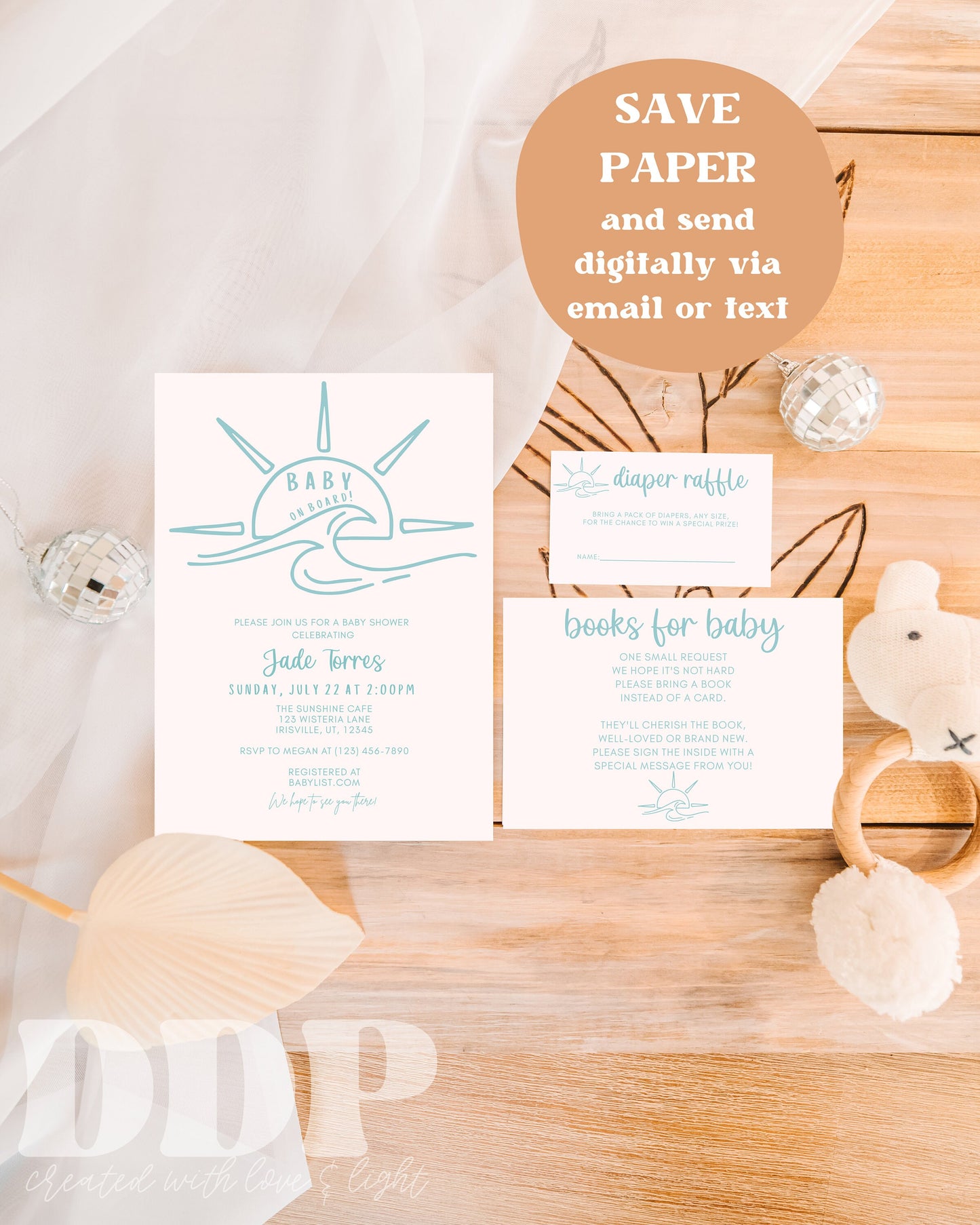 Minimalist Baby on Board Blue Baby Shower Invitation Suite | Boho Beach Baby Shower Invite | Blue Boy Baby Shower | Editable Invite Bundle