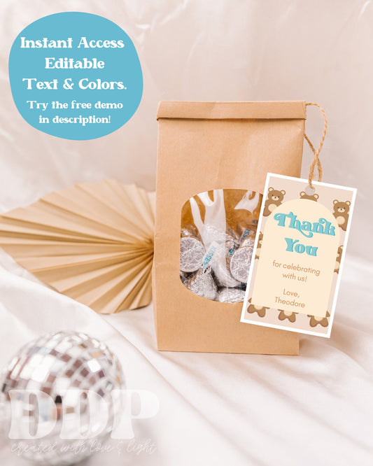 Teddy Bear Birthday Gift Tag | Teddy Bear Picnic Birthday Gift Label | Boho Bear Birthday Favor Tag