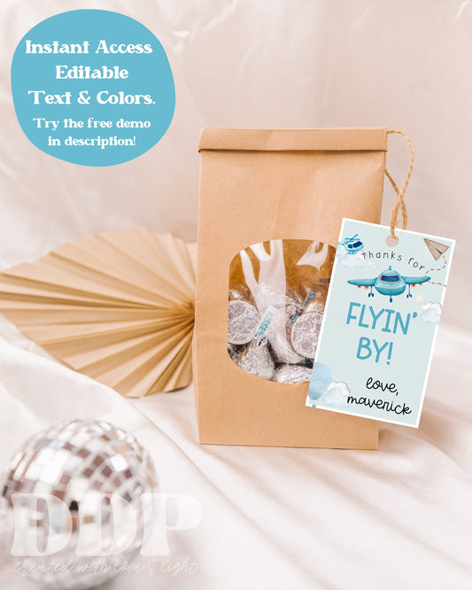 Fly on Over Birthday Favor Tag Template | Time Flies Gift Label | Airplane Birthday Gift Tag | Time Flies Airplane Birthday Thank You Tag