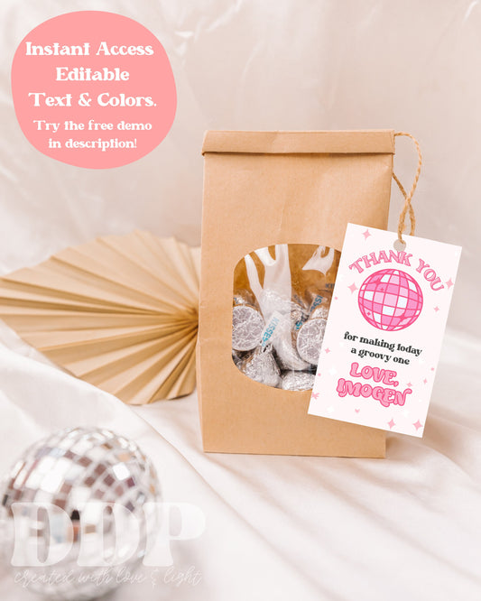 Let's Disco Birthday Gift Tag Template | Groovy Gift Label | Retro Vintage Disco Gift Tag | Pink Birthday Bachelorette Favor Tag