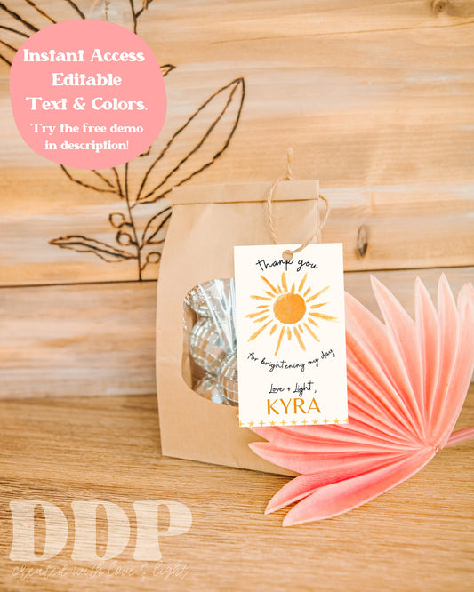 Sun Birthday Gift Tag Template | Boho Sunshine Gift Label | First Trip around The Sun Gift Tag | Here comes Sun Tag