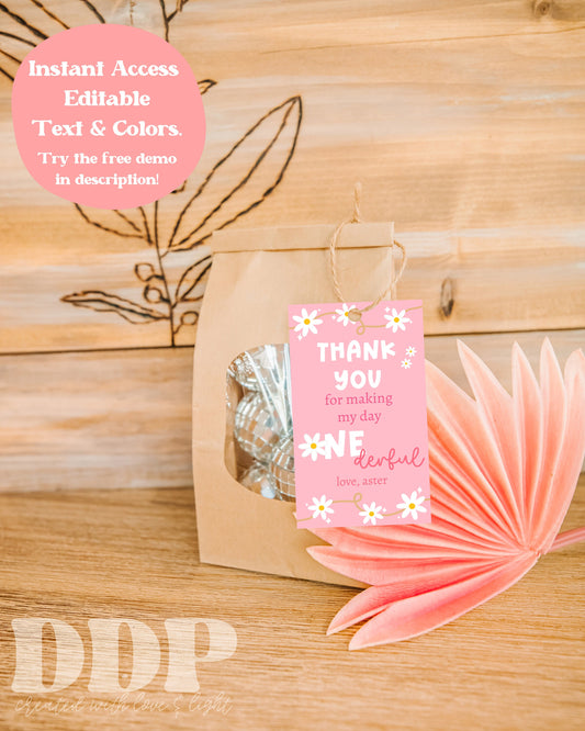 Pink Daisy Chain Birthday Favor Tag Template | Daisy First Gift Label | Daisy First Birthday Gift Tag | Pink Daisy Birthday Thank You Tag