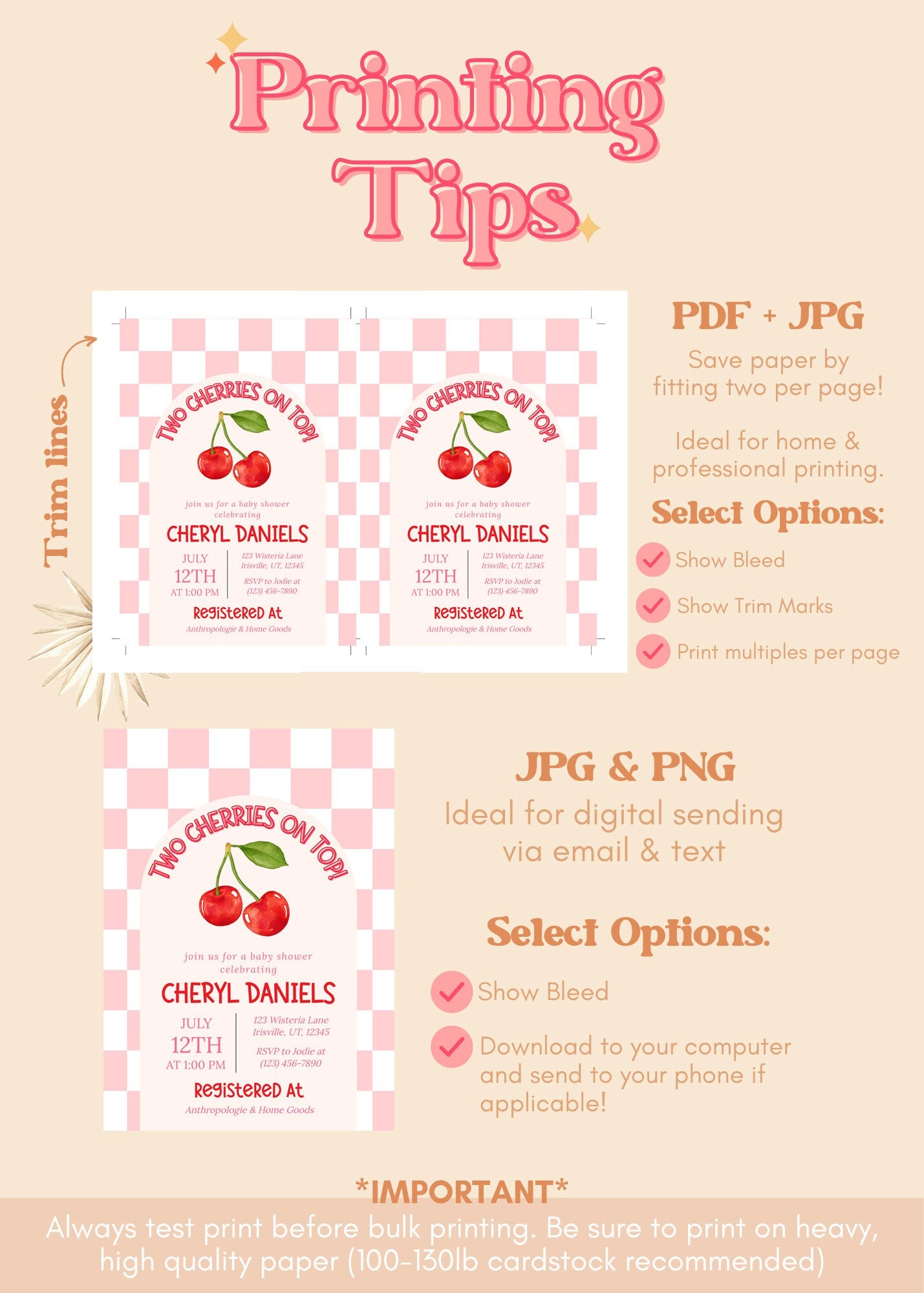 Twin Cherries Pink Baby Shower Invitation Bundle | Cherries Baby Shower Invite | Checkered Baby Shower Invitation | Downloadable Invite