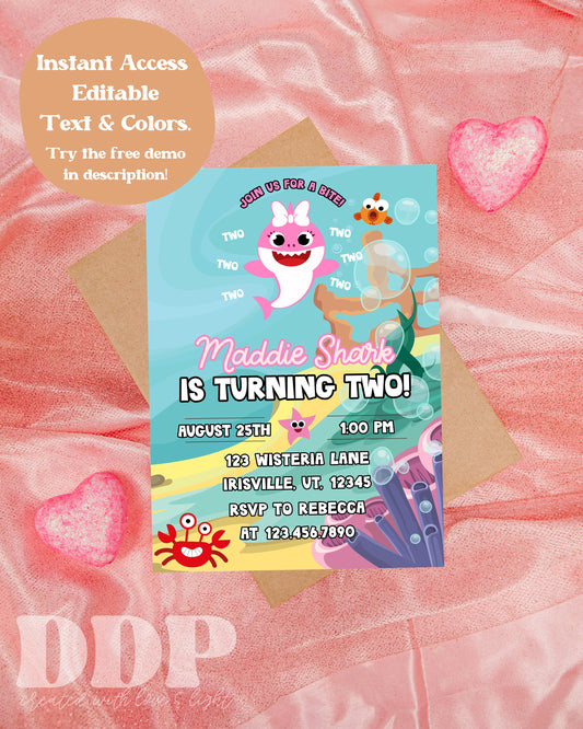 ANY AGE Pink Baby Shark Girl Birthday Invite | Pink Shark Birthday Invitation | Kids Birthday Party Invite | Instant Download