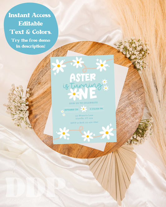 ANY AGE Daisy Chain Blue Birthday Invite | Modern Daisy Birthday Invite | Boho Daisy Birthday Invite | Blue Floral Digital Evite