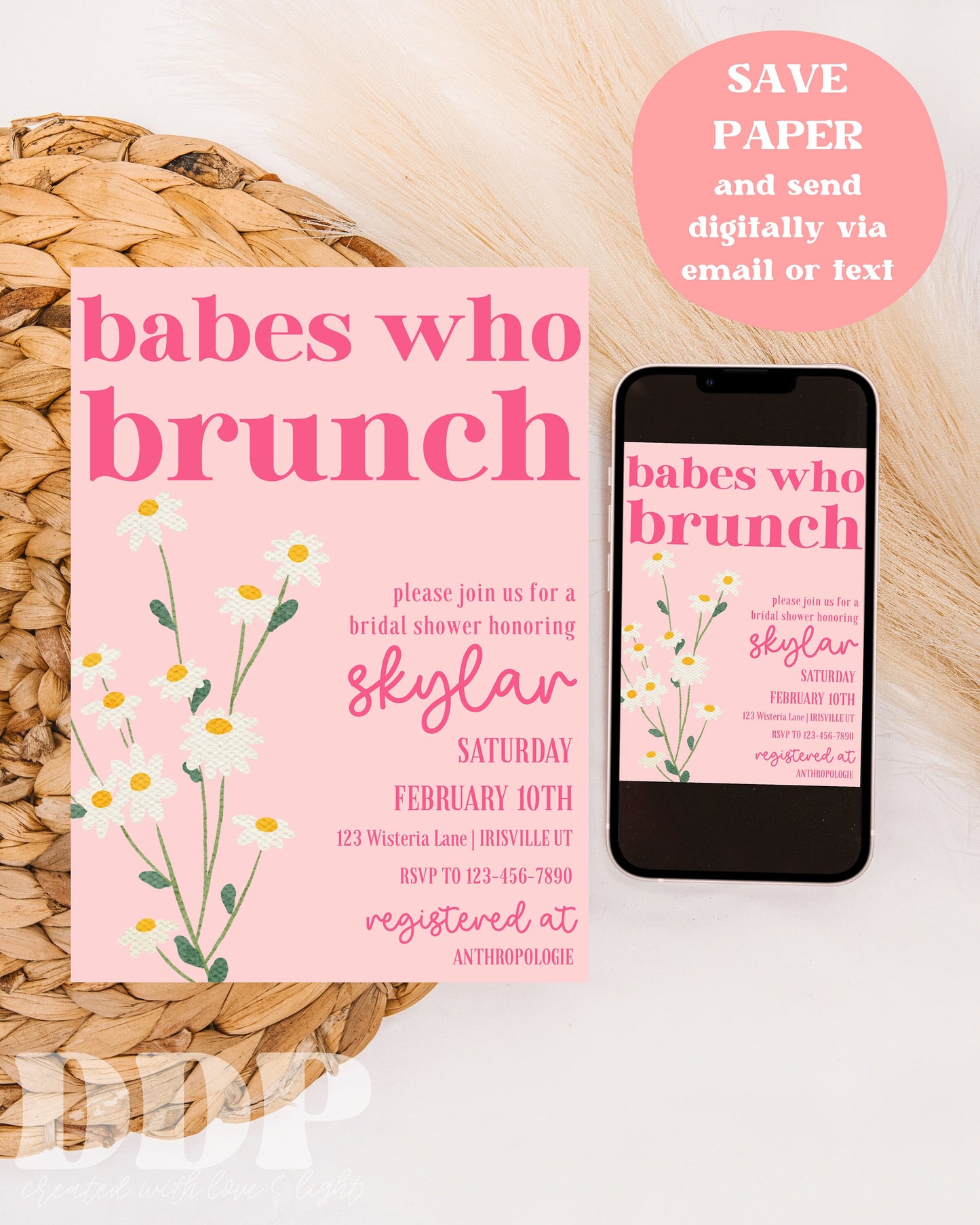 Babes Who Brunch Bridal Shower Invitation | Boho Brunch Bridal Shower Invite | Retro Daisy Brunch Bridal Shower | Editable Invite Template