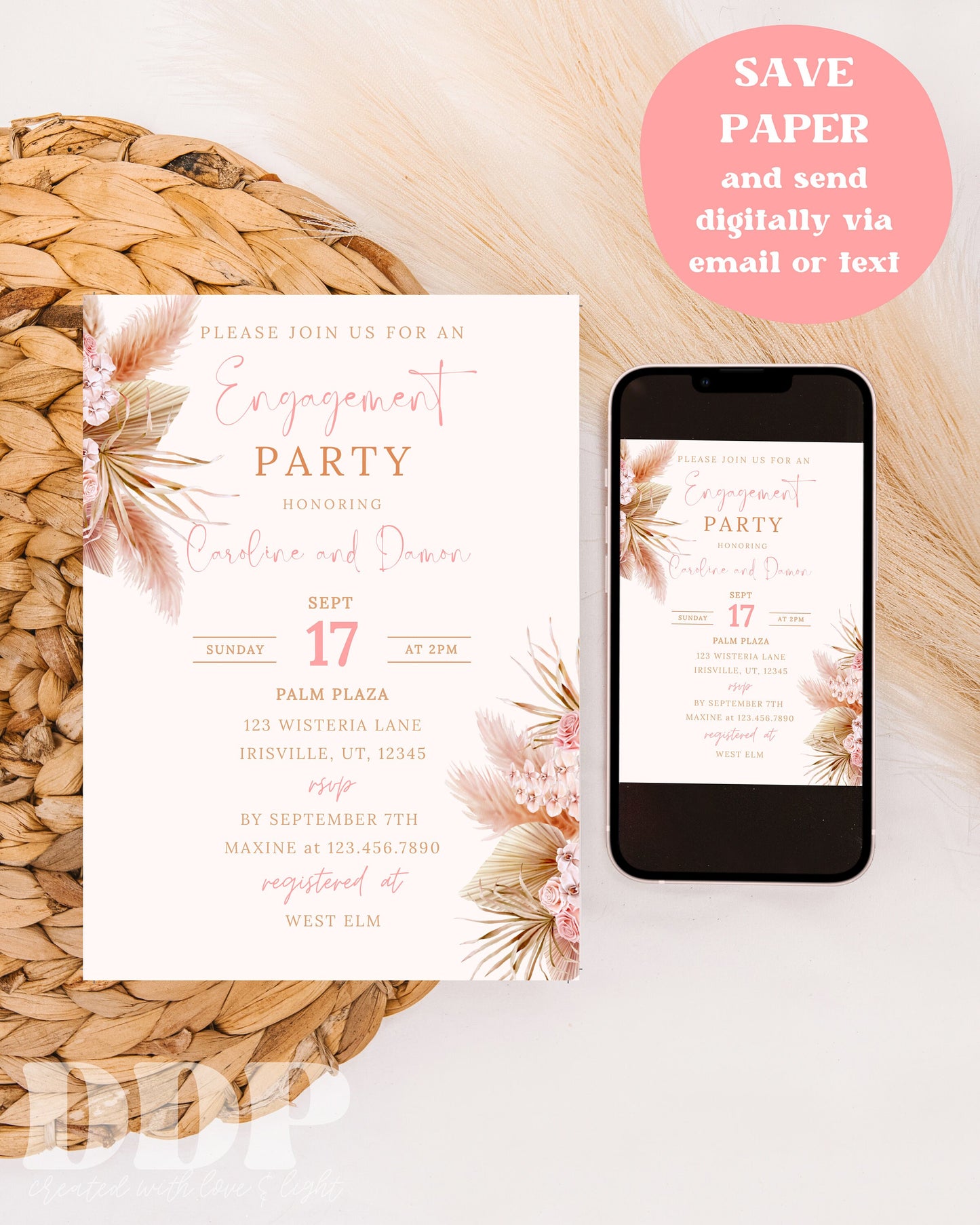 Boho Engagement Party Invitation | Pampas Grass Engagement Party Invite | Minimalist Engagement Announcement | Editable Invite Template