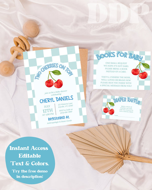 Twin Cherries Boy Baby Shower Invitation Bundle | Cherries Baby Shower Invite | Blue Checkered Baby Shower Invitation | Downloadable Invite