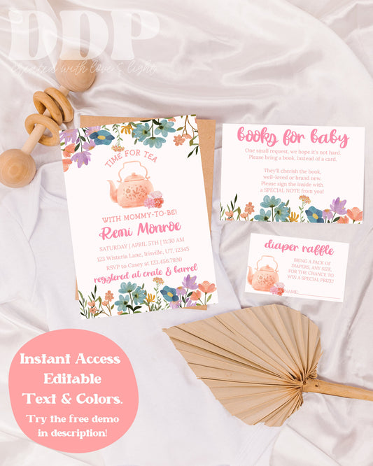 Time for Tea Baby Shower Invitation Suite | Tea Party Baby Shower Invite | Spring Floral Baby Shower Invite | Baby Shower Invite Bundle