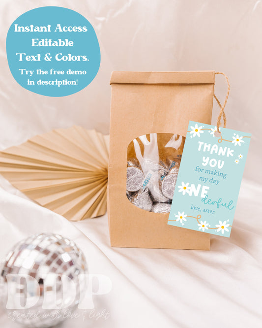 Blue Daisy Chain Birthday Gift Tag Template | Daisy First Gift Label | Daisy First Birthday Gift Tag | Blue Daisy Birthday Favor Tag