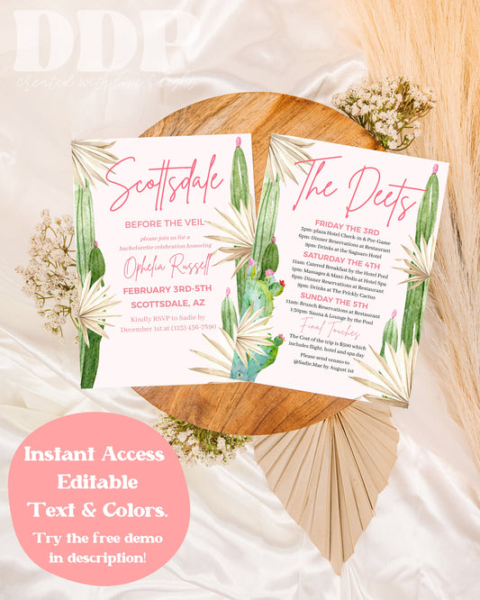Scottsdale before the Veil Bachelorette Weekend Invitation | Cactus Bachelorette Party Invite | Bachelorette Girls Trip Itinerary Invite