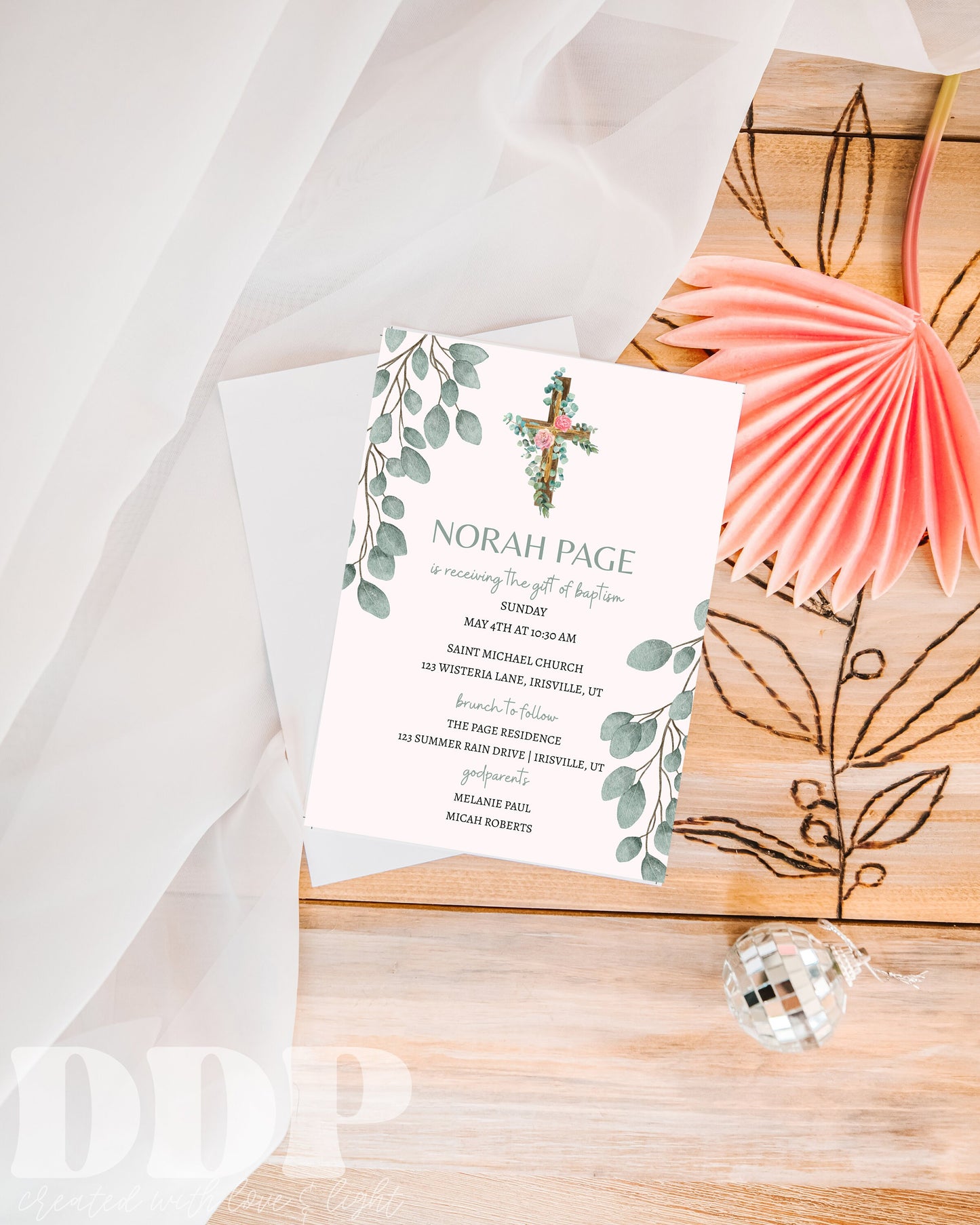 Minimalist Greenery Baptism Invitation | Eucalyptus Baptism Invite | Boho Christian Dedication Invite | Christening Invite