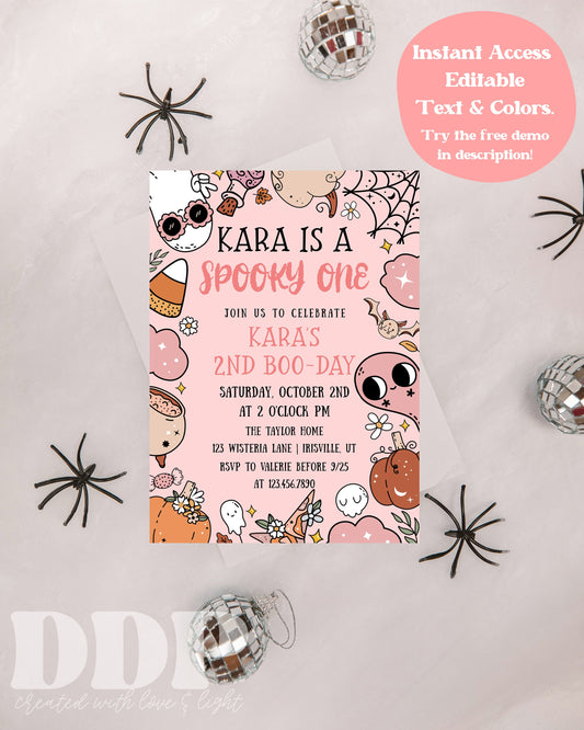 ANY AGE Spooky Birthday Invite | Pink Halloween Party Invitation Template | Halloween Birthday Party | Retro Halloween Characters Spooky