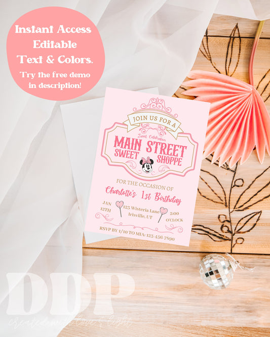 ANY AGE Classic Minnie Mouse Birthday Invitation | Vintage Disneyland Birthday Invitation | Sweet Shop Candy Birthday Invite