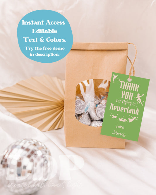 Peter Pan Thank You Tag | Neverland Party Favor Tag | Tinker Bell Birthday Decorations | Never Grow Up Birthday Gift Label | A10