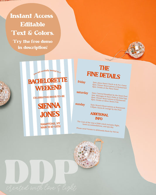 Coastal Bachelorette Invitation Template | Last Toast on the Coast Bachelorette Party Invite | Hamptons Bachelorette Girls Trip Itinerary