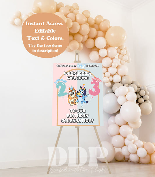 Aussie Dog Inspired Birthday Welcome Sign | Pink Dog Birthday Party Sign | Blue Heeler Birthday | Editable Template | A03