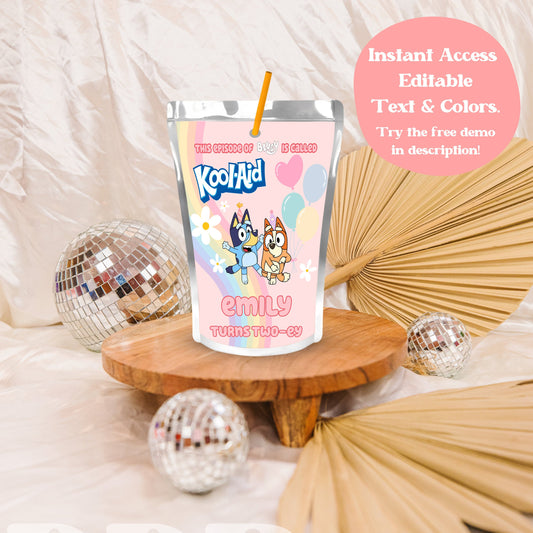 Blue Heeler Juice Pouch Label | Dog Party Pink Daisy Decor | Aussie Dog Birthday Party Supplies | Capri Sun Koolaid Jammers Label | A01