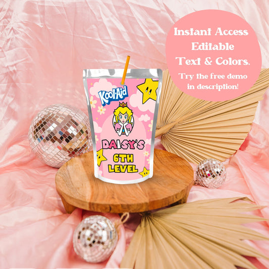 Princess Peach Juice Pouch Label | Princess Peach Party Decor | Super Mario Party Supplies | Capri Sun Koolaid Jammers Label | A08