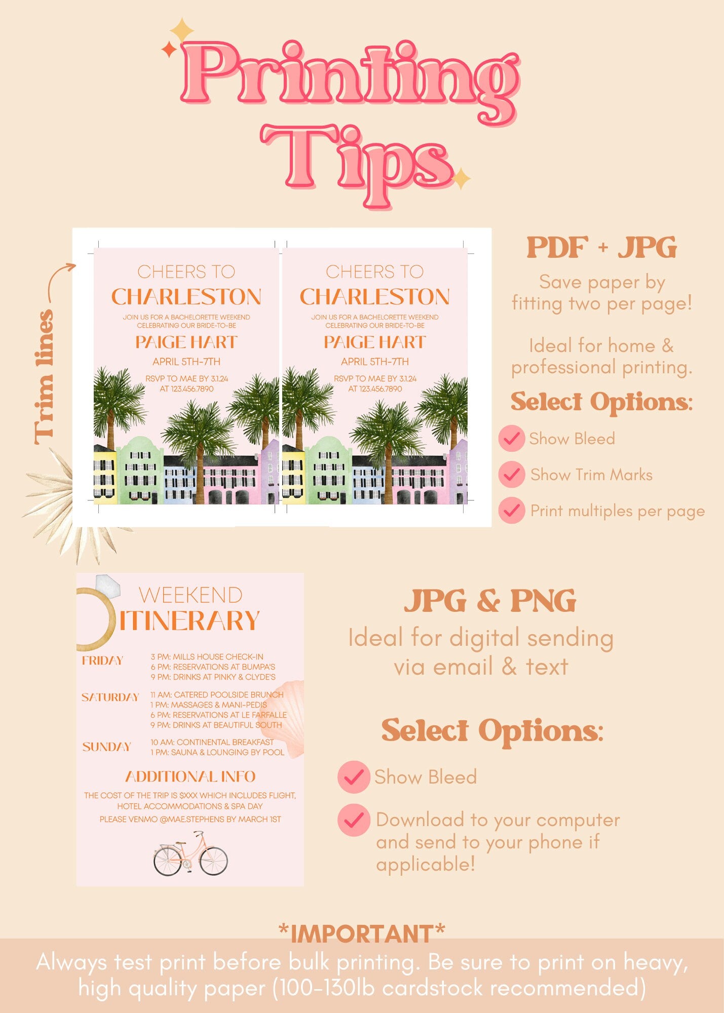 Charleston Bachelorette Invitation & Itinerary Template | Charleston Invitation | Rainbow Row Invite | Tropical Bachelorette Trip Itinerary