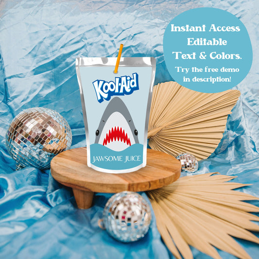 Jawsome Juice Pouch Label | Printable Shark Party Decor | Editable Under the Sea Label | Capri Sun Koolaid Jammers Label | A06
