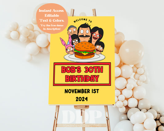 Bob's Burgers Birthday Welcome Sign | Bob's Burgers TV Show Printable Party Decor