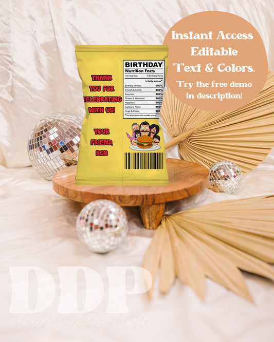 Bob's Burgers Birthday Chips Bag Label | Bob's Burgers TV Show Birthday Printable Party Decor