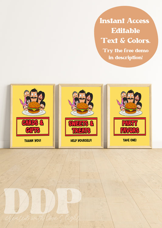 Bob's Burgers Table Signs | Bob's Burgers TV Show Party Decor