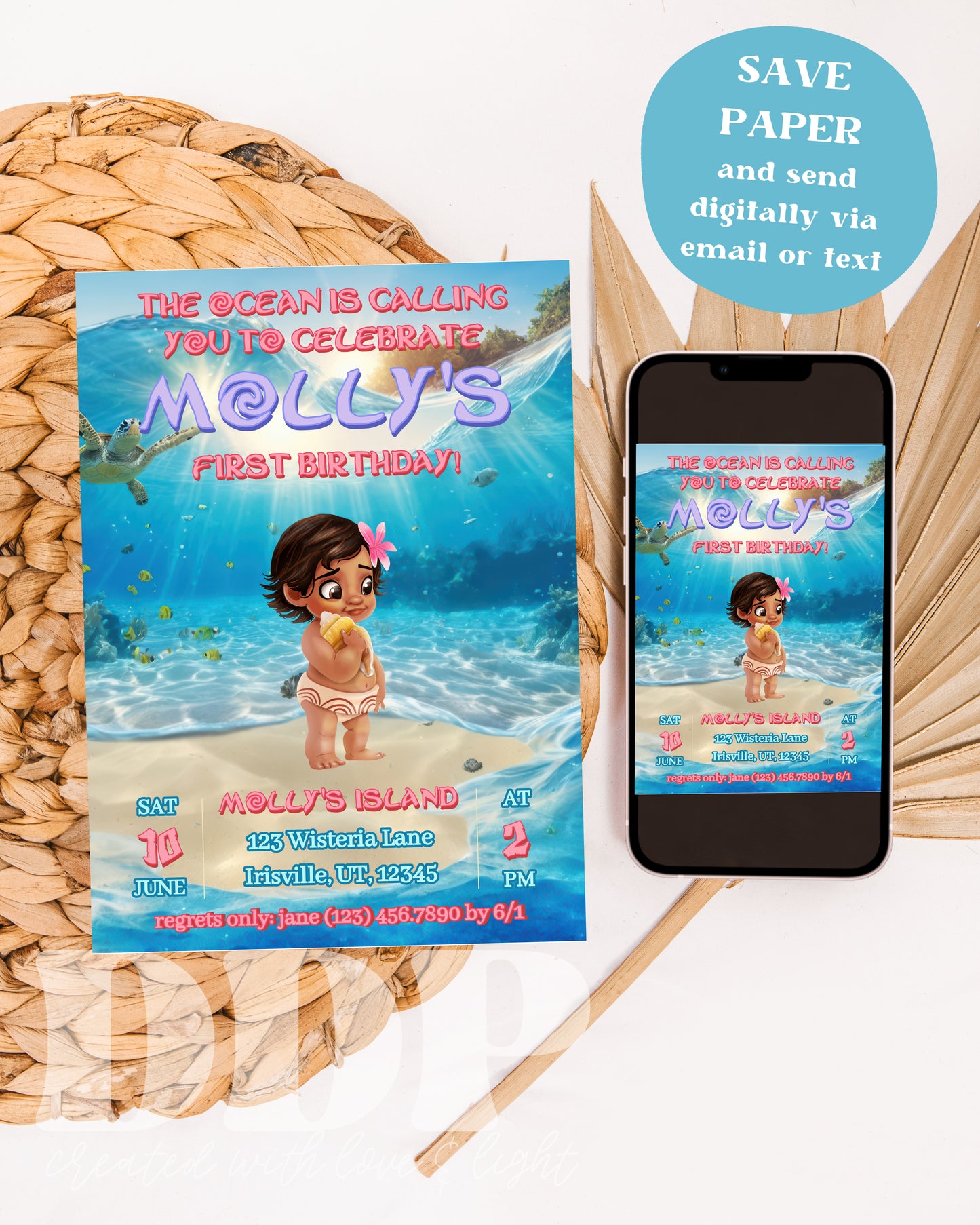 Baby Moana Birthday Invitation | Moana 1st Birthday Invite | Island Princess Themed Birthday