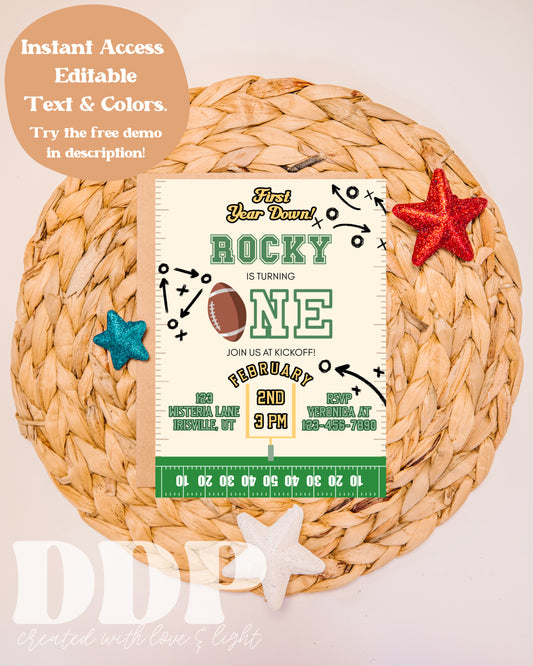 First Year Down Football Birthday Invitation | Football Sunday Party | Boy First Birthday Invitation
