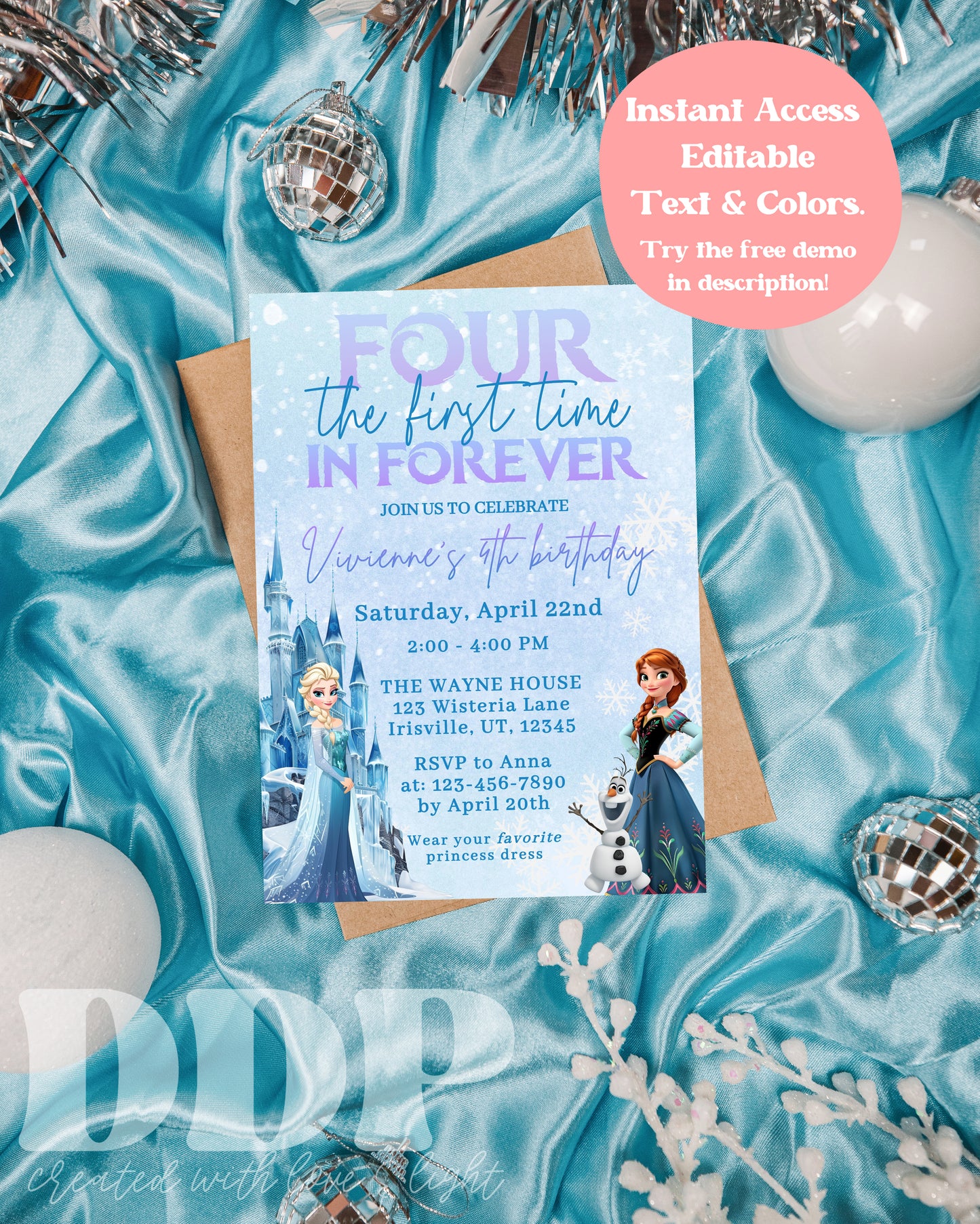 Frozen Inspired Birthday Invitation | Four the First time in Forever Invitation | Elsa Anna Birthday Invitation | Princess 4th Birthday Invite