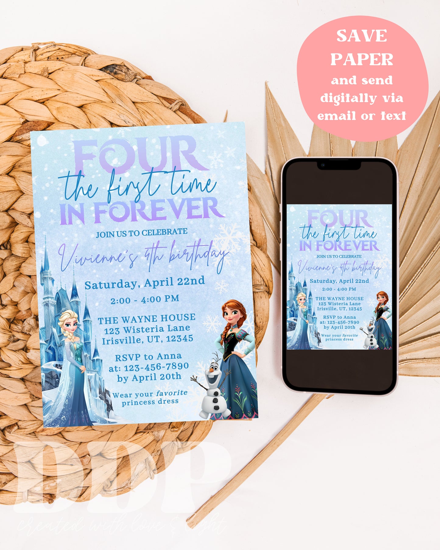 Frozen Inspired Birthday Invitation | Four the First time in Forever Invitation | Elsa Anna Birthday Invitation | Princess 4th Birthday Invite